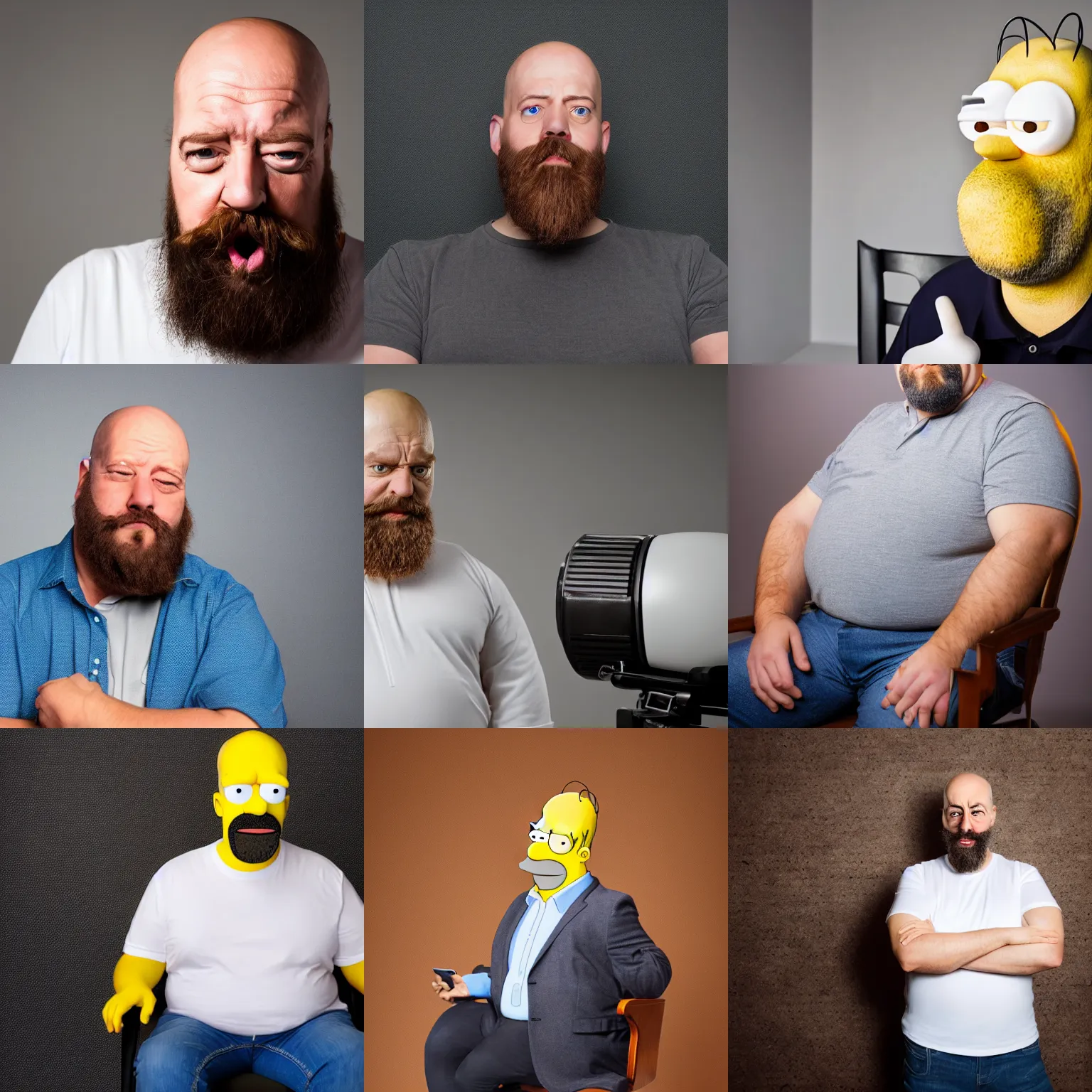 Prompt: dlsr photo of homer simpson face as a white man with beard stubble taken in studio lighting sitting on chair