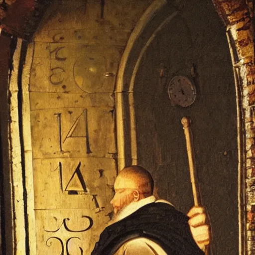 Image similar to medieval monk maintaining an enormous, complex, mechanical clock, oil painting, warm lighting