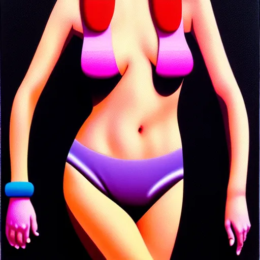 Prompt: bikini model by shusei nagaoka, kaws, david rudnick, airbrush on canvas, pastell colours, cell shaded, 8 k