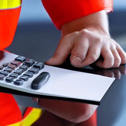 Image similar to a worker with a hard hat and reflective vest writing in a notepad holding a calculator vector, 3 d, realistic