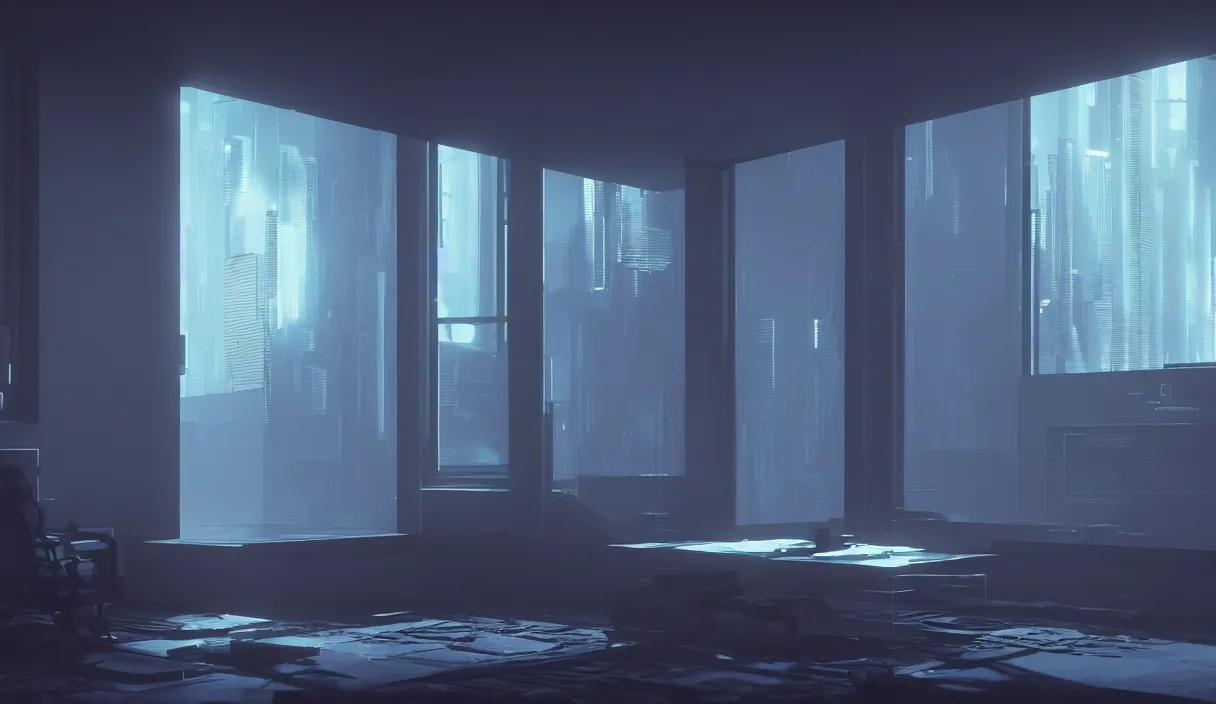 Image similar to a cyberpunk minimalistic room with small windows, dramatic lighting, hyper realistic, photography, 3 5 mm, kodak film, 8 k, octane render, unreal engine render, concept art, volumetric lighting, foggy