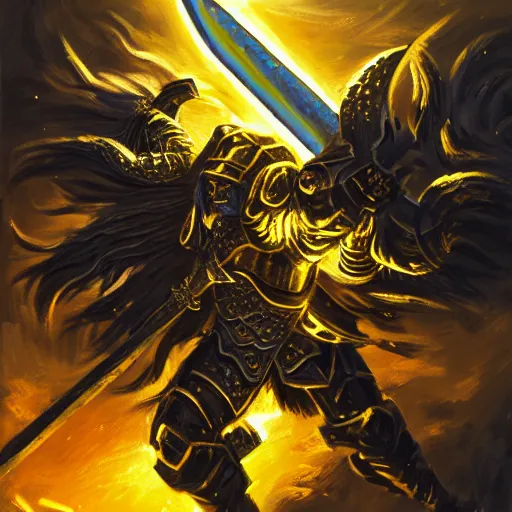 Image similar to A highly detailed matte acrylic painting of a heavily armored paladin wielding a very bright glowing gold sword, fighting in a huge battle at dusk.