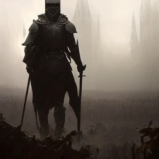 Image similar to black style knight looking like vladimir putin with a powerful weapon, fog, dramatic lighting, cinematic composition, a fantasy digital painting by greg rutkowski and james gurney, trending on artstation, highly detailed, hyperrealistic, realistic, photorealistic, dynamic lighting, highly detailed, cinematic landscape, studio lighting