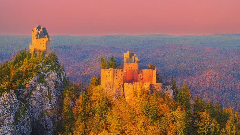 Prompt: castle, velvia, warm color palette, lonely, on a cliff edge