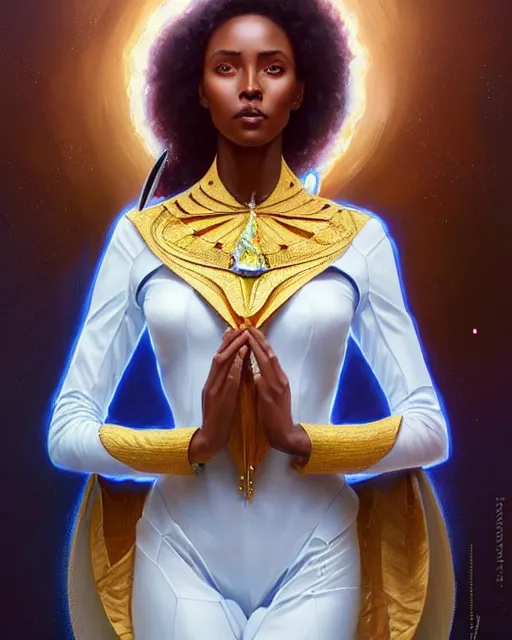 Image similar to Portrait of very very very very very very beautiful ethiopian woman, spacesuit, blue eyes, real life skin, intricate, elegant, highly detailed, artstation, concept art, smooth, sharp focus, art by artgerm and greg rutkowski and alphonse mucha