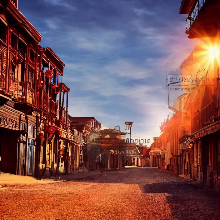 Image similar to a sunset light historical wild west empty street, duel between two cowboys, lots of sparkling details and sun ray's, blinding backlight, smoke, volumetric lighting, colorful, octane, 3 5 mm, saloon exterior, empty old town street, beautiful epic colored reflections, very colorful heavenly, softlight