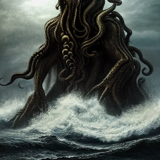 Image similar to cthulhu rising out a stormy ocean, ancient evil, stormy weather, handsome, profile, intricate, detailed, volumetric lighting, scenery, digital painting, highly detailed, artstation, sharp focus, illustration, concept art, ruan jia, steve mccurry