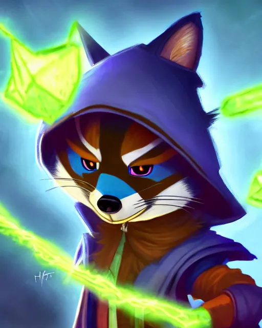 Image similar to highly detailed digital illustration portrait of sorcerer sly cooper raccoon holding a magical glowing gemstone in a crystal cave, action pose, d & d, magic the gathering, criag mullins, artgerm, wlop, disney, pixar,