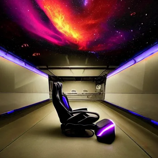 Prompt: impressive photography of gaming chairs flying through space, moody, colorful