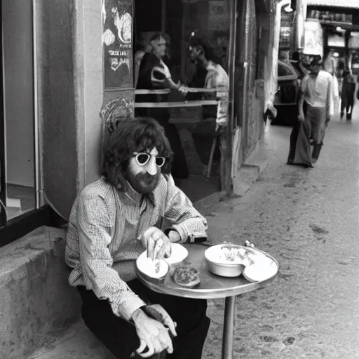 Prompt: a photo of john lennon eating falafel in tel aviv street