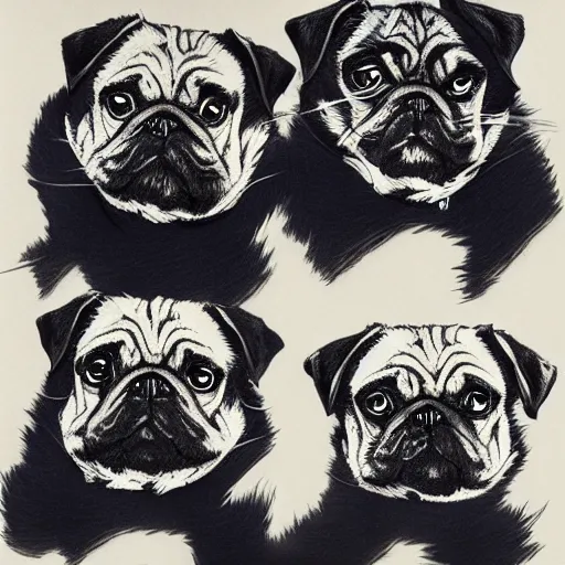 Image similar to self portrait showing family of pugs by yoji shinkawa, extra details, colored, 4 k, dynamic lighting