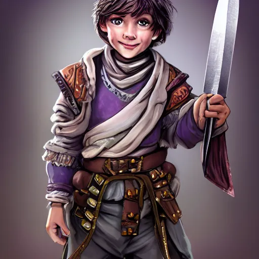 Image similar to duergar male child character portrait with pale purple skin, shabby clothes, leather pouch, wielding kitchen knife, smiling, youthful, dungeons and dragons, digital art