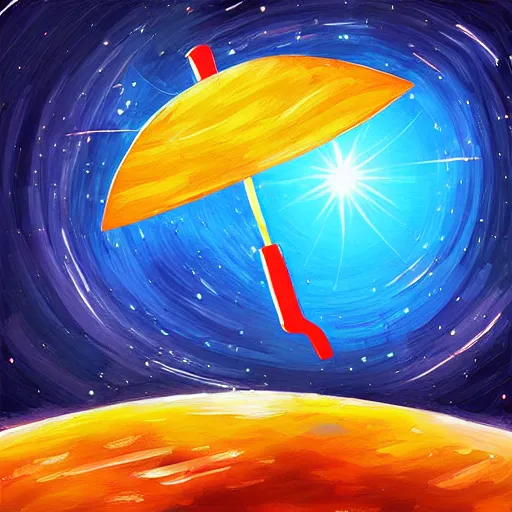 Prompt: giant umbrella in space, blocking the sun, digital art painting