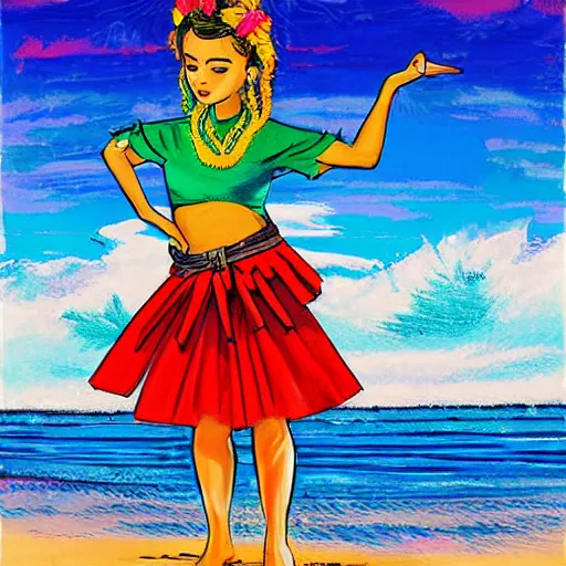 Image similar to The drawing depicts a young girl in a traditional hula outfit. She is standing on a surfboard in front of a beautiful ocean landscape. Versacci by Robert Williams, by Jim Mahfood atmospheric