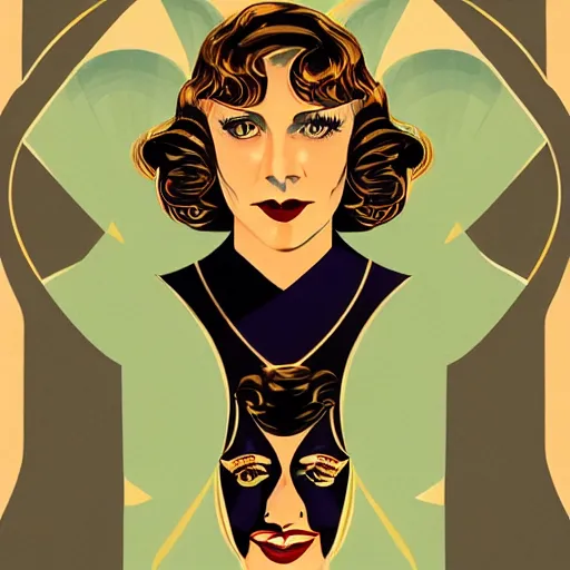 Image similar to smiling, happy, beautiful, intelligent, powerful 1 9 2 0 s movie star loving eyes, fully clothed, wise, beautiful, dramatic lighting, sharp focus, art deco patterns by stanley artgerm, retro futurism, dramatic lighting, trending on artstation, flat colour, geometric curves, gradient filter