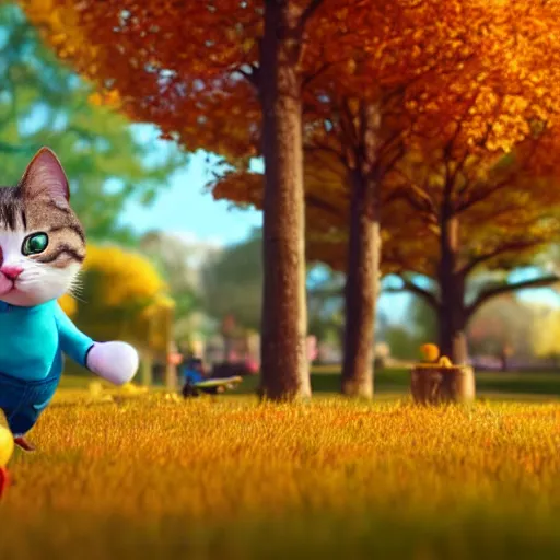 Prompt: cute adorable happy cat playing in the park in autumn, pixar style, disney style, tilt shift, octane render, cgsociety