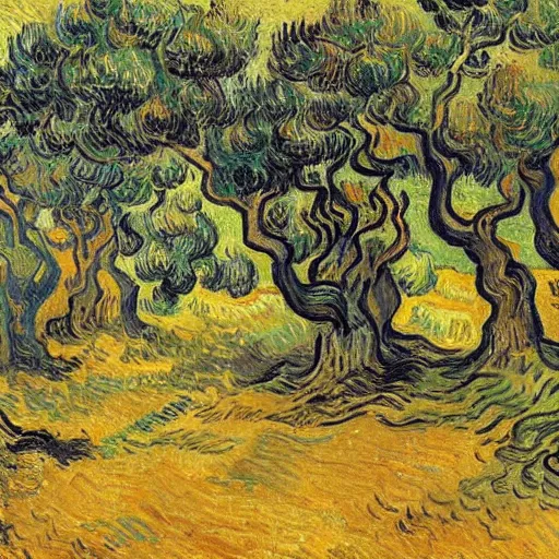 Prompt: olive trees in an ancient greek temple landscape, trending on art station, painting by vincent van gogh