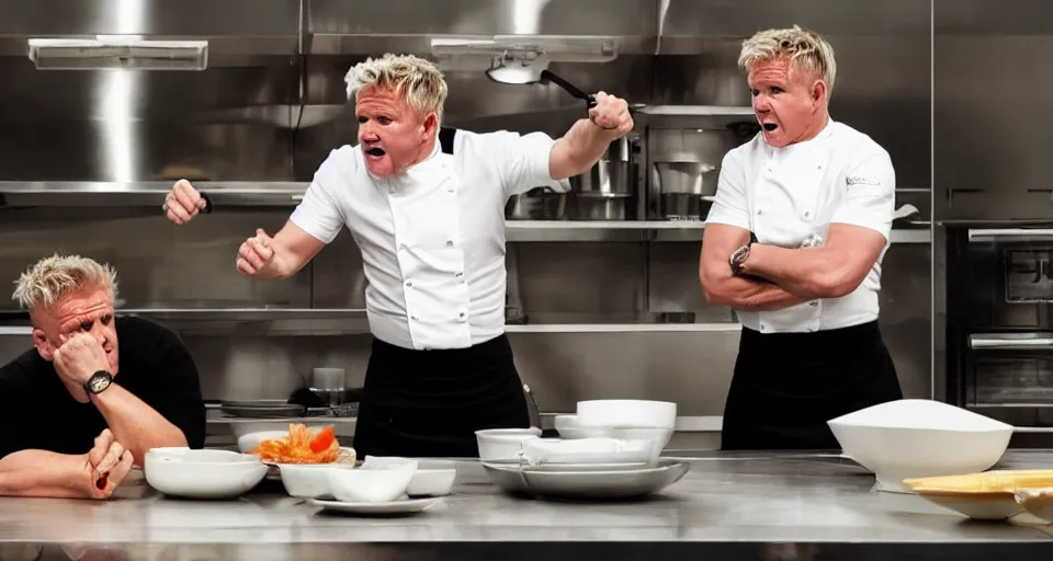 Prompt: photo of angry furious Gordon Ramsay fighting Gordon Ramsay at the kitchen