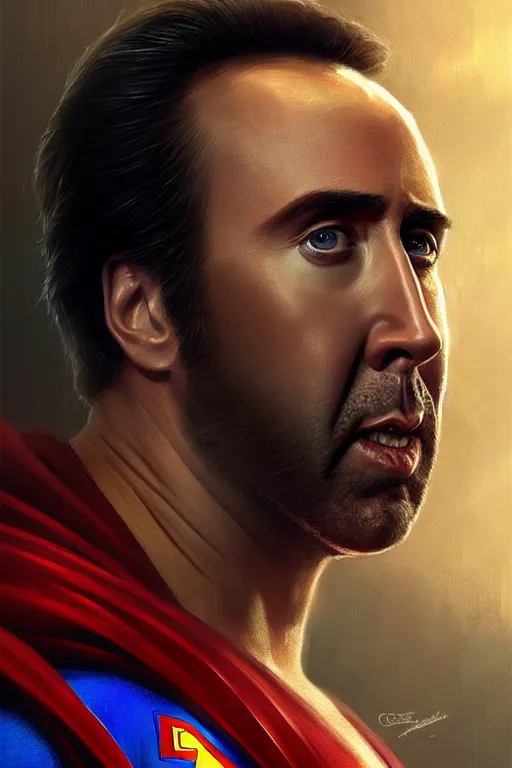 Image similar to portrait of nicolas cage as superman looking away from the camera, intricate, extremely detailed digital painting by greg rutkowski, artstation