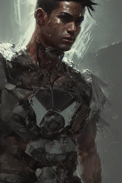 Image similar to hyper realistic painting of a young man wearing a tattered superhero costume. tactical. black. hyper detailed face. anime concept art. 4 k. art by greg rutkowski trending on artstation. extremely detailed.