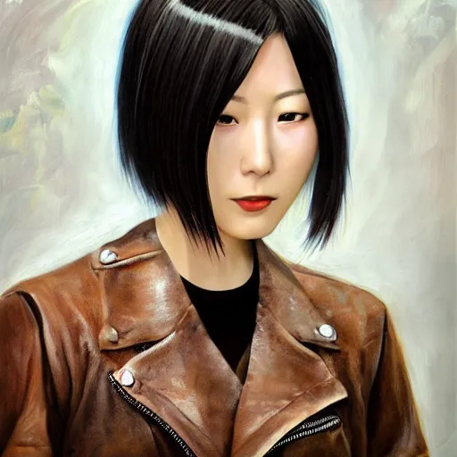 Prompt: perfect, realistic oil painting of close-up japanese young woman wearing leather jacket, in Perfect World mmorpg