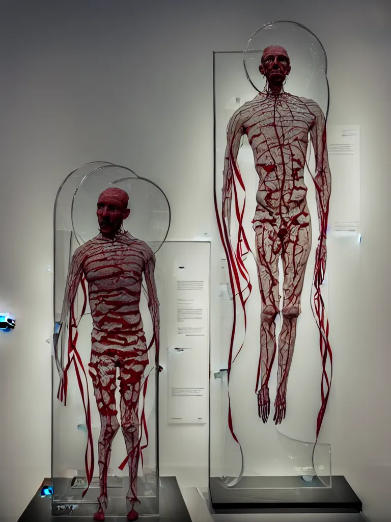 Prompt: a perfect photograph of a museum exhibit, a glass human shaped belljar enclosing a man who has had all his skin cut into patriotic ribbons