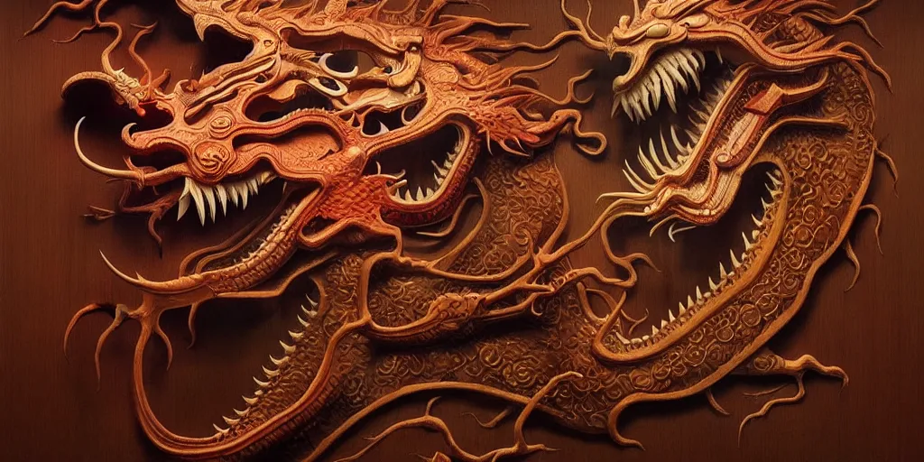 Image similar to a Chinese dragon art by Daniel Dos Santos, Beksinski, Giger, intricate colourfully painted carved wood paneling, lighting, ivory and copper , artstation