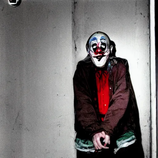 Prompt: dystopian grunge disposable camera photo of a sad clown | horror | nightmare