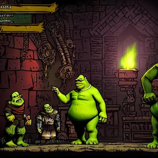 Image similar to shrek as a boss in darkest dungeon, screenshot from a game, highly detailed, dark atmosphere, concept art, 2 d, sideview, cosmic horror, body horror, lovecraft mythos