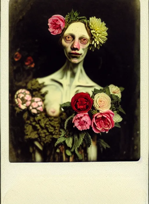 Image similar to beautiful and detailed rotten woman made of plants and many types of stylized flowers like carnation, chrysanthemum, roses and tulips, intricate, surreal, john constable, guy denning, gustave courbet, caravaggio, romero ressendi 1 9 1 0 polaroid photo