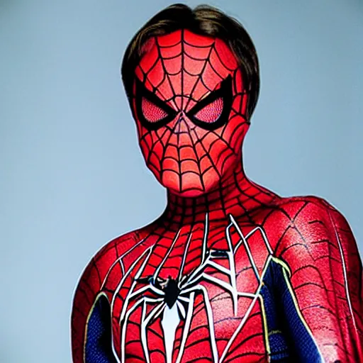 Prompt: portrait photo of an evil looking tobey maguire wearing a spiderman costume