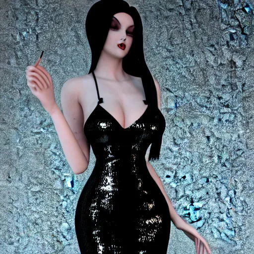 Image similar to curvy feminine hot goth cutie in a sublime elegant polished sequined black-silver latex neck-high or tube-top floor length gown, thin waist, cgsociety, photorealistic, comfy ambience, idealistic, 16k, smooth, sharp focus, trending on ArtStation, volumetric lighting