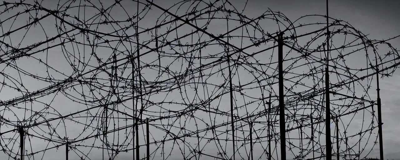 Image similar to military industrial complex, night, spotlights, watchtower, hangers, fences, barbed wire