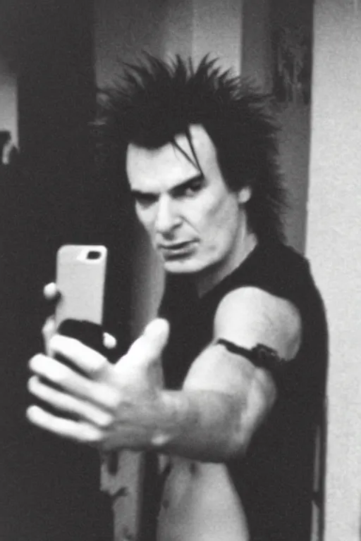 Image similar to sid vicious takes a selfie before he dies