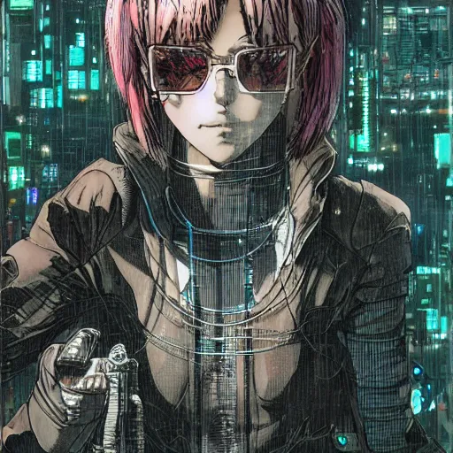 Image similar to android, killer - girl, high detail of the face, full body, close - up, 1 / 6 katsuya terada, style of cyberpunk, night, city,