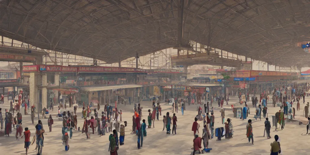 Prompt: establishing shot, interior of an india railway station, bustling with people, sharp focus, unreal engine, octane render, aesthetic