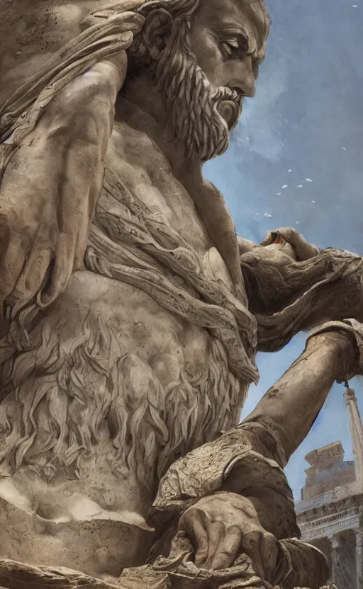 Prompt: looking up at a colossal statue of an old king at the entrance of an ancient greek harbor, greg rutkowski, 8 k, shallow depth of field, intricate detail, concept art,