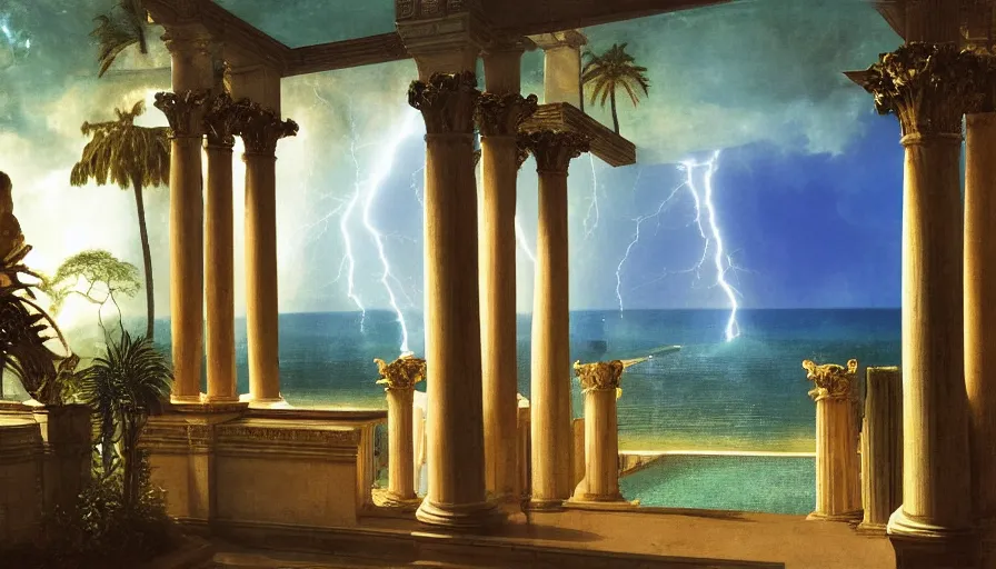 Image similar to Palace of the occult, mediterranean balustrade and columns, refracted sparkles, thunderstorm, greek pool, beach and Tropical vegetation on the background major arcana sky and occult symbols, by paul delaroche, hyperrealistic 4k uhd, award-winning, very detailed paradise