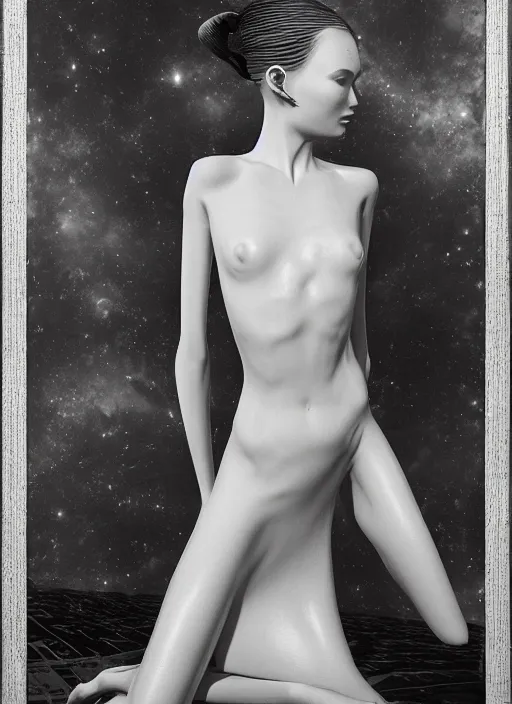 Image similar to a highly detailed unreal engine symmetric portrait of a long legged freaky goddess in a latex dress in an endless galaxy, boke, tilted frame, henry cartier bresson