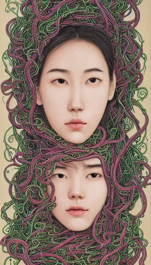 Prompt: very detailed portrait of a 2 0 years old girl surrounded by tentacles, the youg woman visage is blooming from fractal and vines, by zeng fanzhi