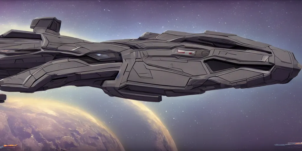 Prompt: Cinematic view of The Unfriendly Viper spaceship in style of Homeworld