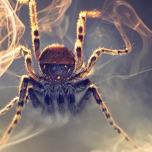 Prompt: an adorable spider exhaling smoke in a smoke filled room, comic art, ultra high resolution, high detail, particle reflections, surface reflections, poster, 1972, glowing eyes, smoke filled room