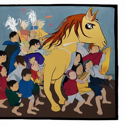 Image similar to avatar the last airbender by lawren harris, by mark lovett uneven. a photograph of a pantomime unicorn onstage, surrounded by a group of children who are clapping & cheering. the unicorn is wearing a sparkly costume & has a long, flowing mane. its horn is glittering & its eyes are wide open.