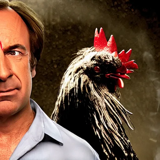 Image similar to saul goodman and a rooster in a saw movie torture chamber, scary torture devices in the background, saul goodman, rooster, photo