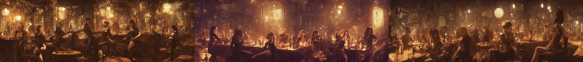 Prompt: women in the interior of a steampunk pub, Greg Rutkowski, Milo Manara, night time, smoking cigarettes, party hard, highly detailed, Quentin Tarantino movie posters, pulp fiction, level design, concept art, artstation, cgsociety, zenith view