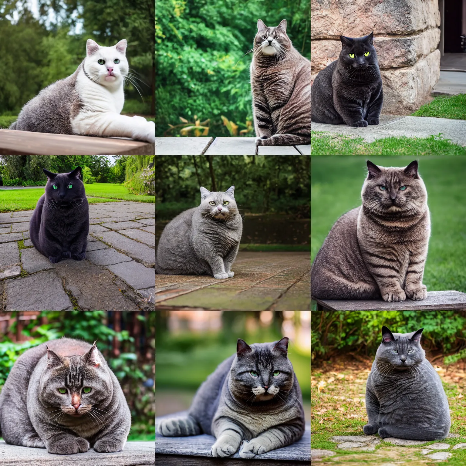 Prompt: full body view of a scary ridiculously oversized massive Chonker Cat sitting outdoors, professional photo, beautiful cat feet, XF IQ4, 150MP, 50mm, F1.4, ISO 200, 1/160s, natural light