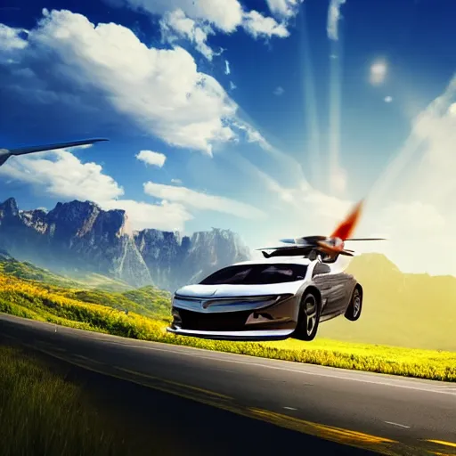 Image similar to a flying car, mountains in background, summer, clear skt, cinematic light