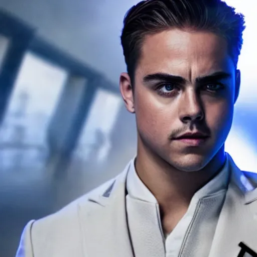 Image similar to stunning awe inspiring dacre montgomery as archangel in a x - men movie, still 8 k hdr atmospheric lighting