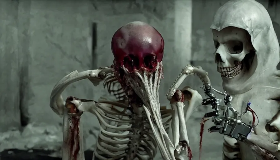 Image similar to Big budget horror movie, a squid bloodily rips out a man's skeleton while a cyborg watches