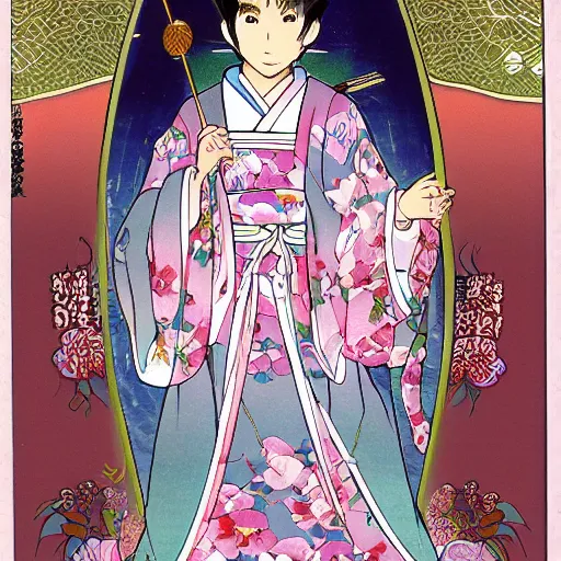 Image similar to a beautiful japanese male god sourrounded by borealis, sakura card captor style